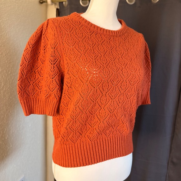 Marled Rust Orange Pointelle Knit Puff Short Sleeve Sweater Top Womens Large - Picture 3 of 8
